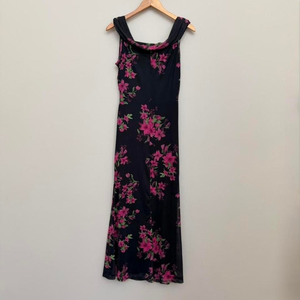 Dark Floral Fairytale Black Pink Maxi Dress Size L Romantic Draped Neck Event - Picture 3 of 8